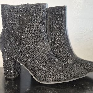 Forever Link Black Rhinestone Block Heel Ankle Boots